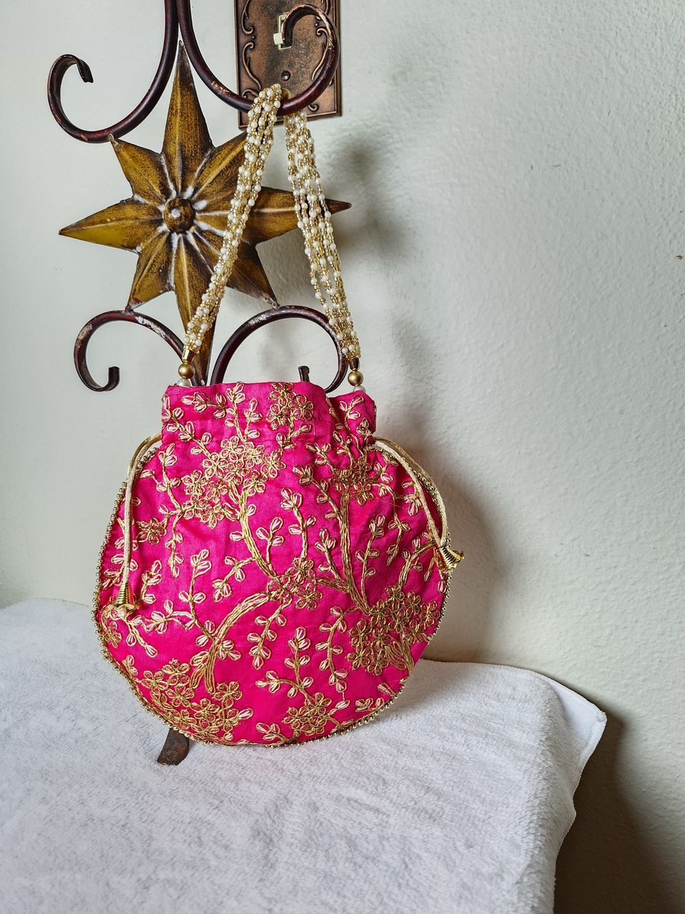 Elegant Pink Embroidered Drawstring Evening Bag